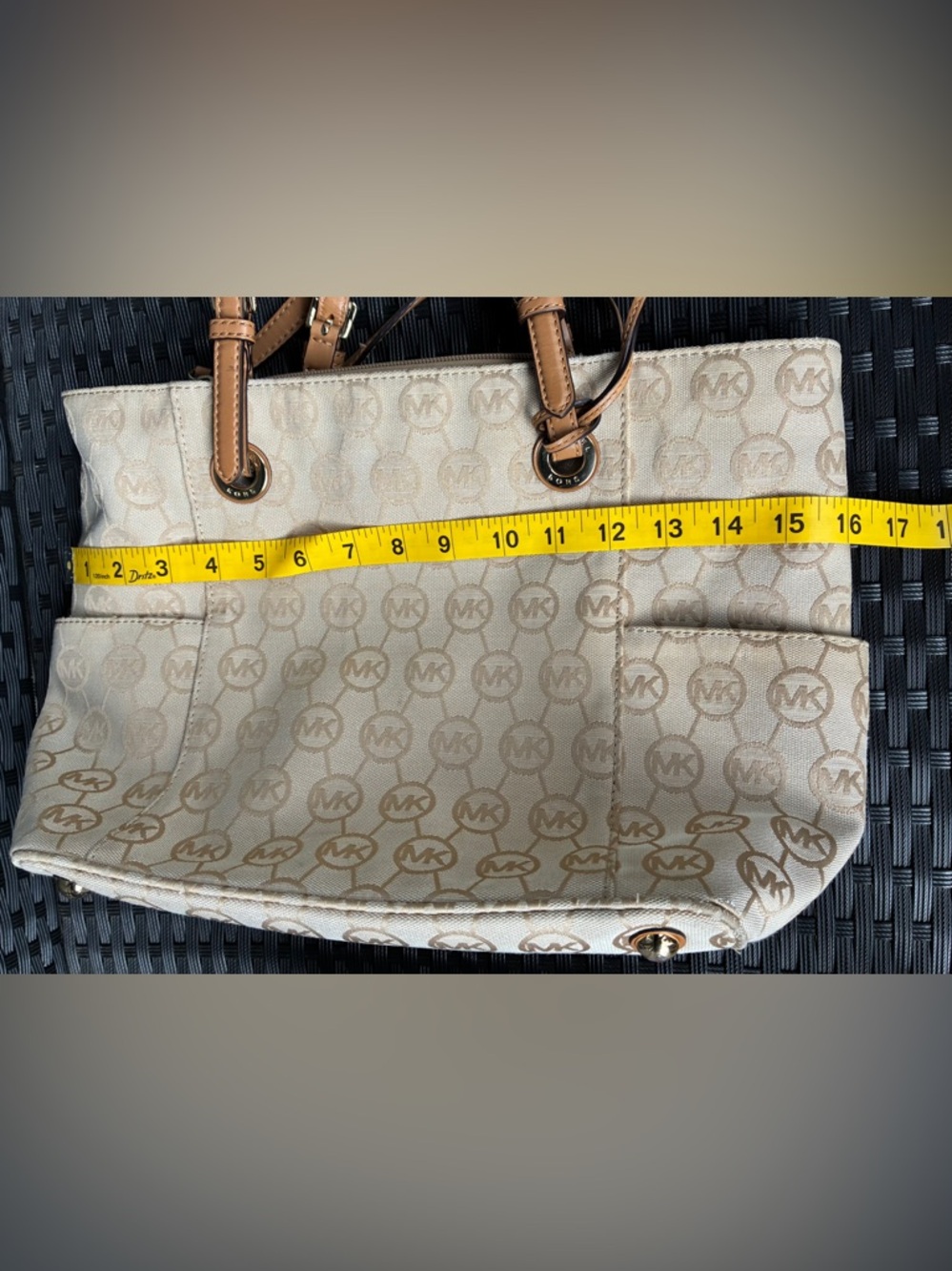 Michael Kors Tan Beige MK Logo Canvas Tote with Leather Straps - Picture 3 of 16